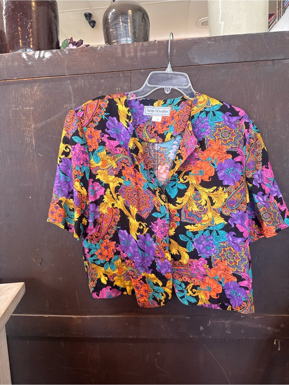 Vintage Cropped Floral Blouse – 80s Gold Button Rayon Top Size 14